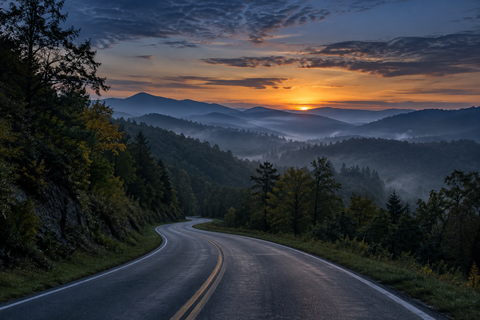 An empty road winding through misty forested hills at dawn